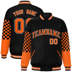 Custom Black Orange-Gray Checkered Pattern Color Block Bomber Varsity Jacket