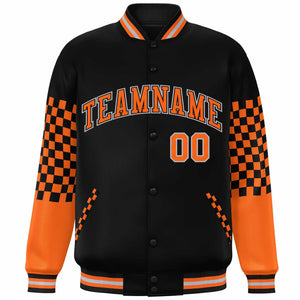 Custom Black Orange-Gray Checkered Pattern Color Block Bomber Varsity Jacket