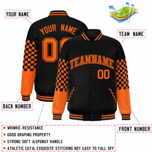 Custom Black Orange Checkered Pattern Color Block Bomber Varsity Jacket