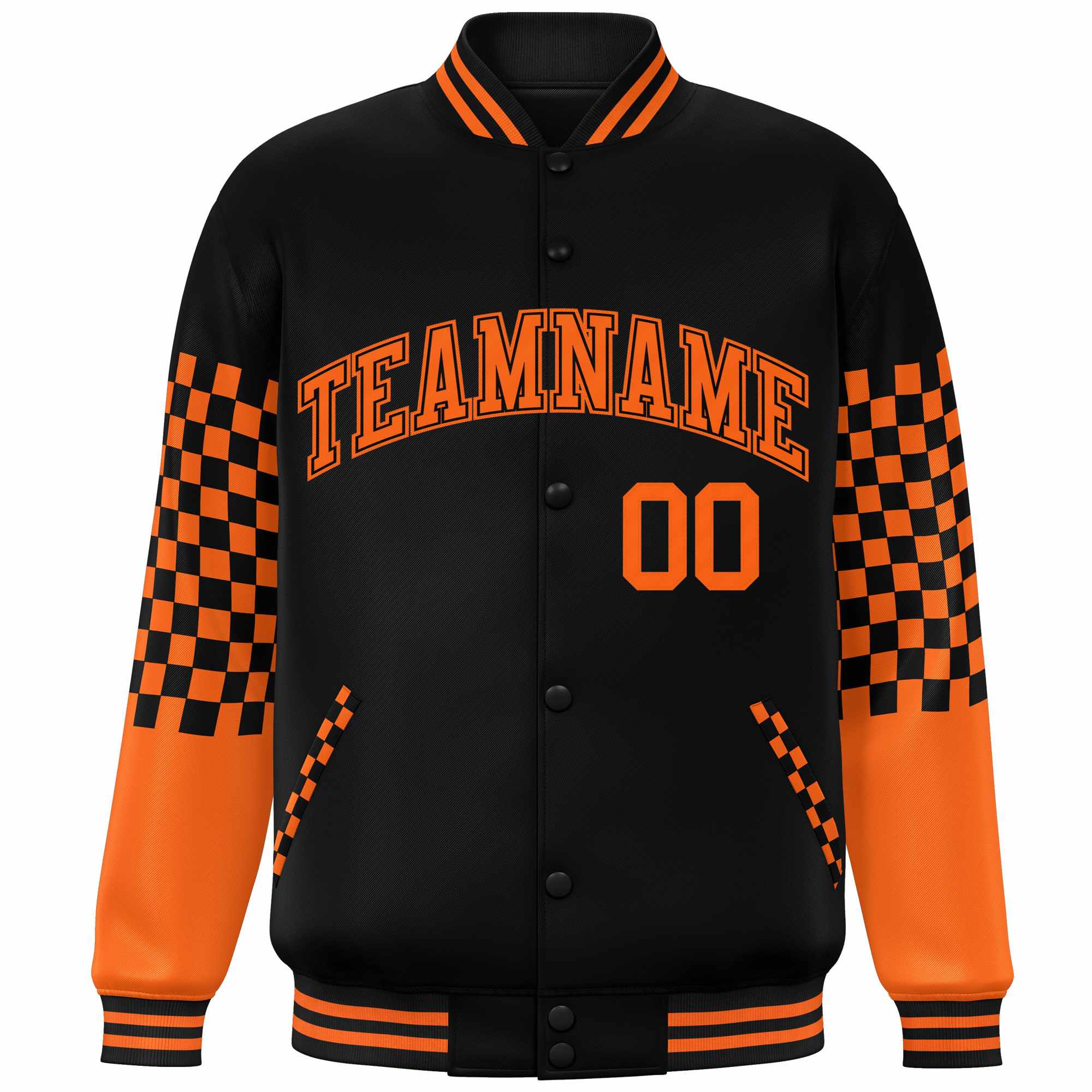 Custom Black Orange Checkered Pattern Color Block Bomber Varsity Jacket