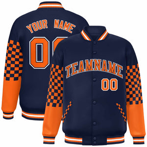 Custom Navy Orange-White Checkered Pattern Color Block Bomber Varsity Jacket