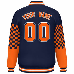 Custom Navy Orange-White Checkered Pattern Color Block Bomber Varsity Jacket