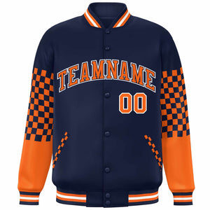 Custom Navy Orange-White Checkered Pattern Color Block Bomber Varsity Jacket