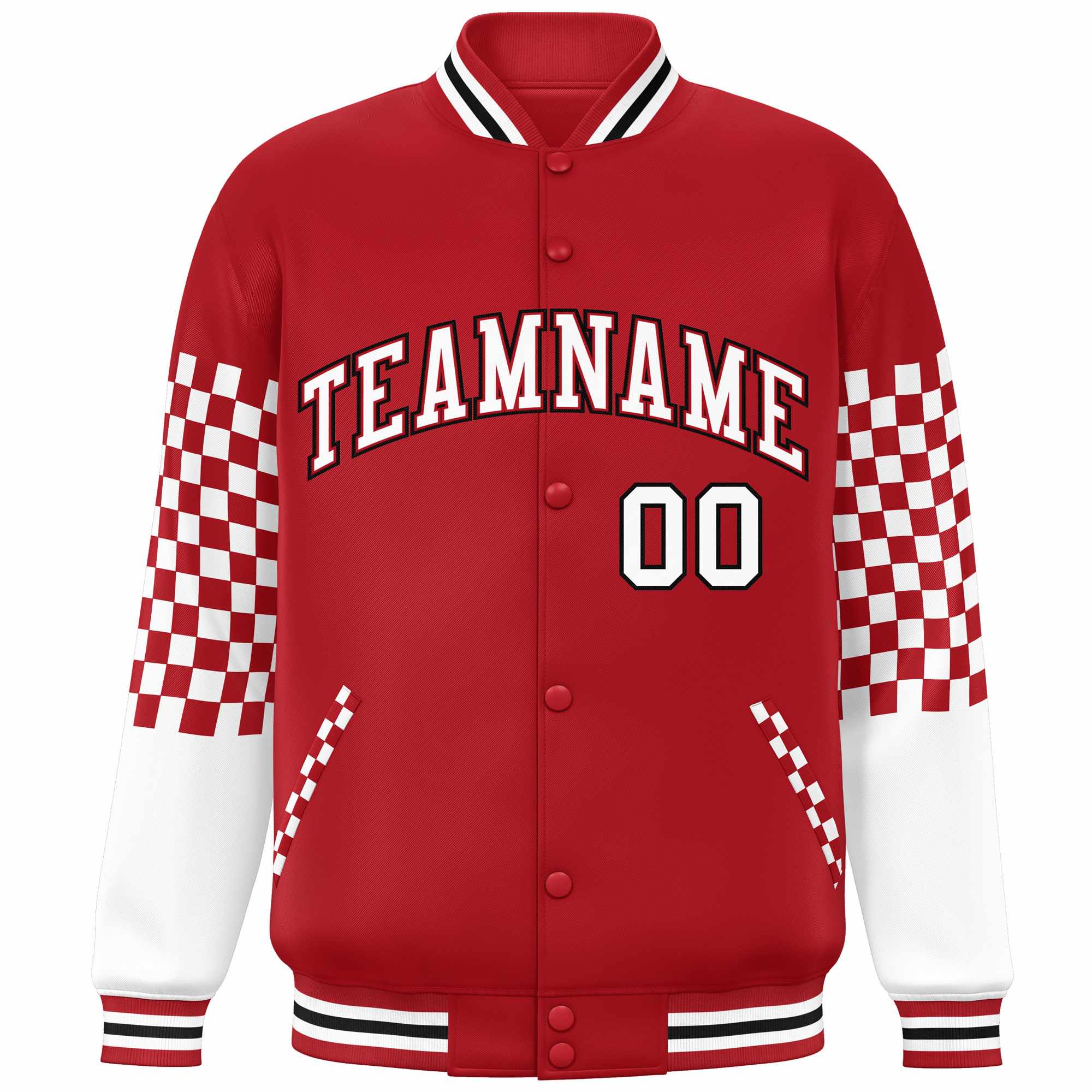 Custom Red White-Black Checkered Pattern Color Block Bomber Varsity Jacket