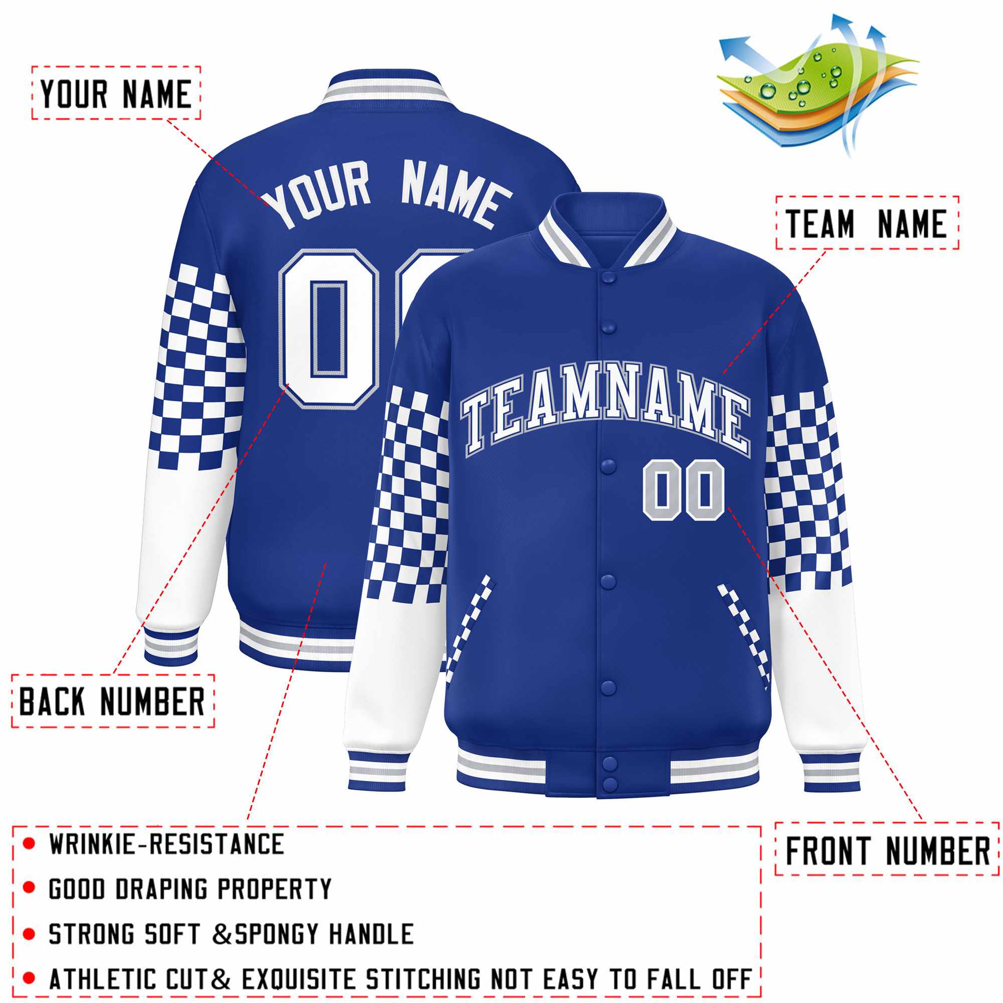 Custom Royal White-Gray Checkered Pattern Color Block Bomber Varsity Jacket