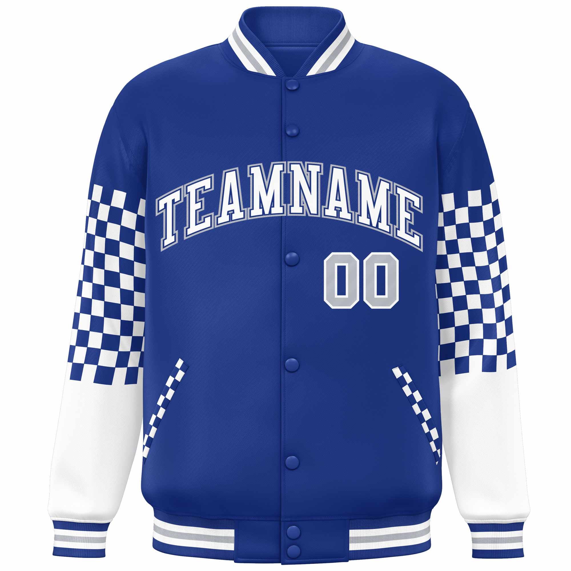 Custom Royal White-Gray Checkered Pattern Color Block Bomber Varsity Jacket