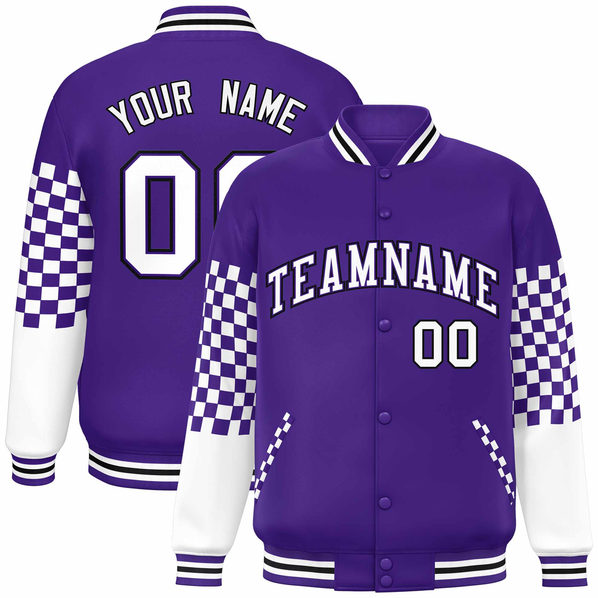 Custom Purple White-Black Checkered Pattern Color Block Bomber Varsity Jacket