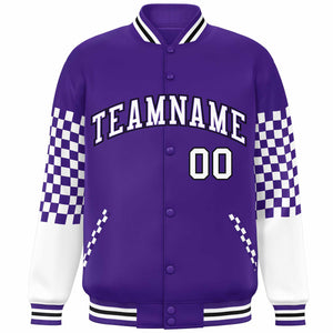 Custom Purple White-Black Checkered Pattern Color Block Bomber Varsity Jacket