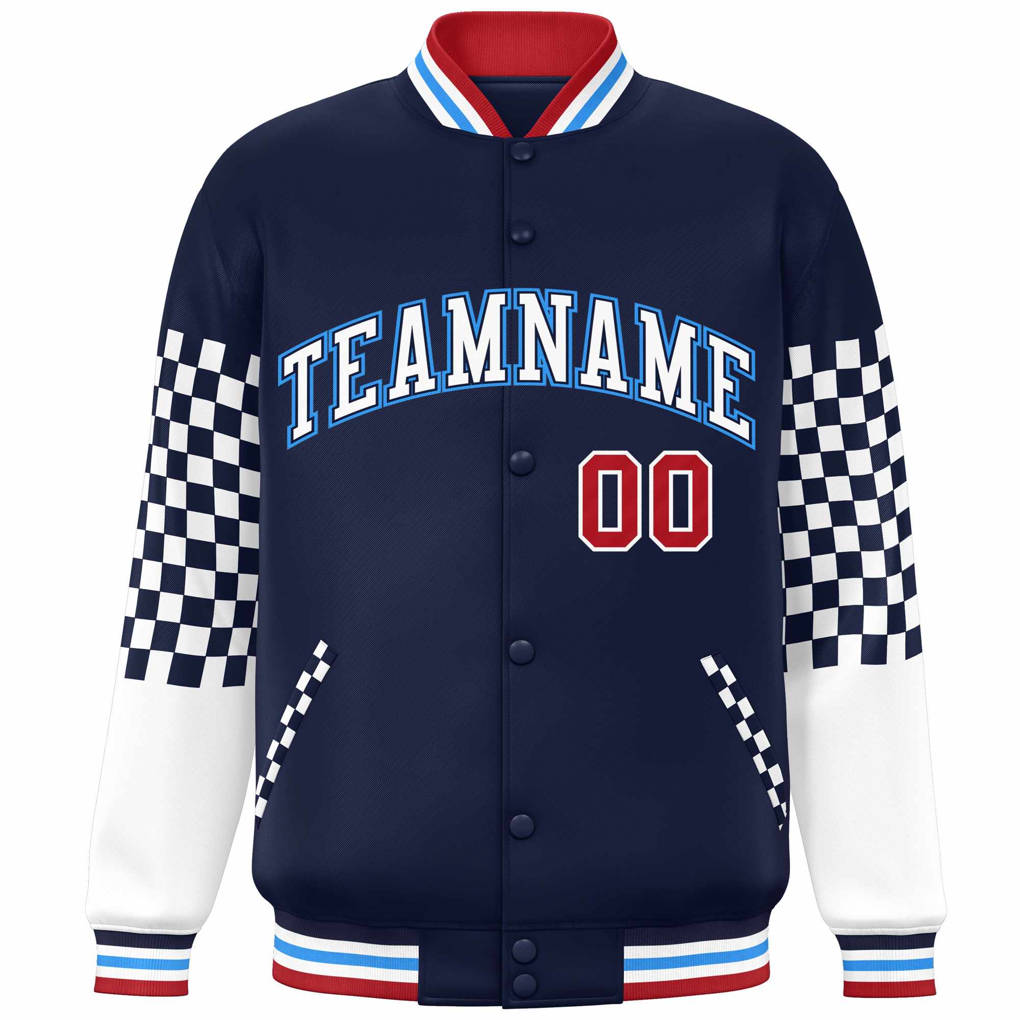 Custom Navy White-Powder Blue Checkered Pattern Color Block Bomber Varsity Jacket