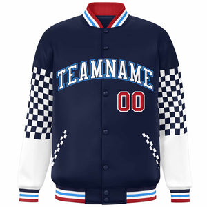 Custom Navy White-Powder Blue Checkered Pattern Color Block Bomber Varsity Jacket