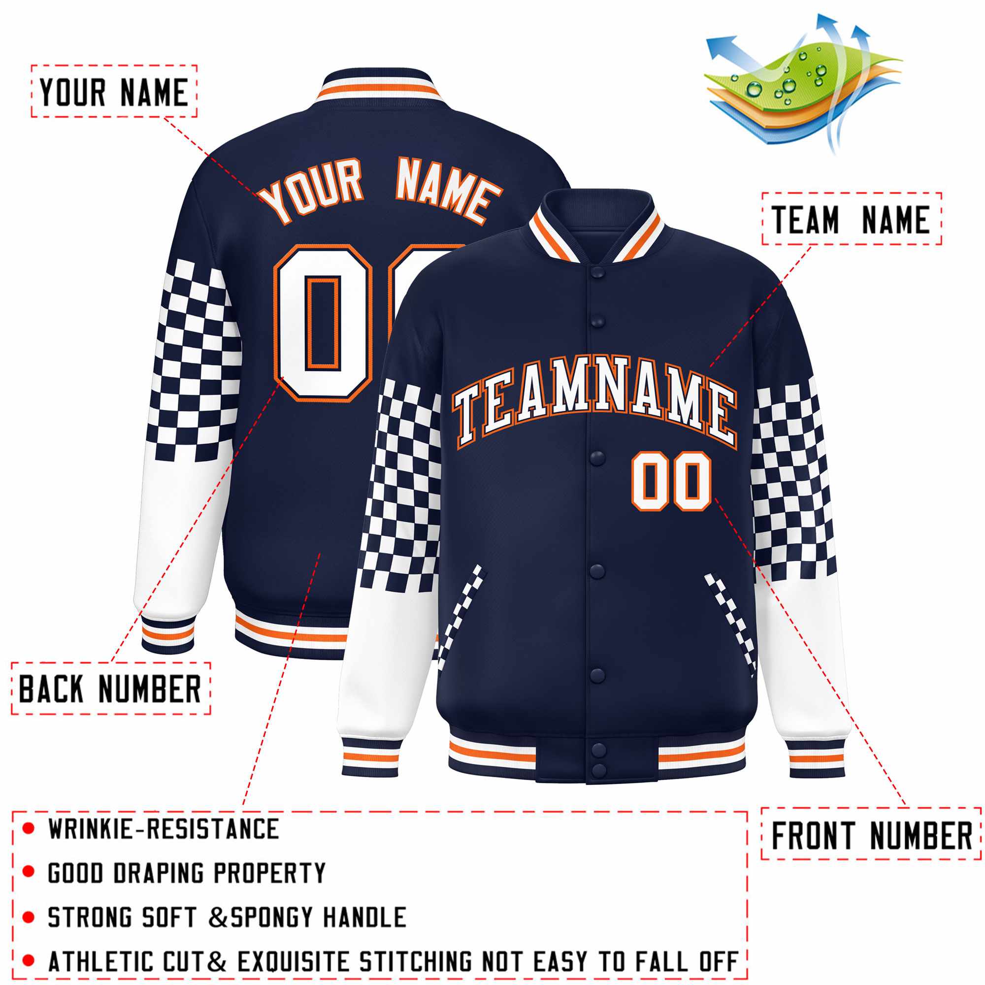 Custom Navy White-Orange Checkered Pattern Color Block Bomber Varsity Jacket