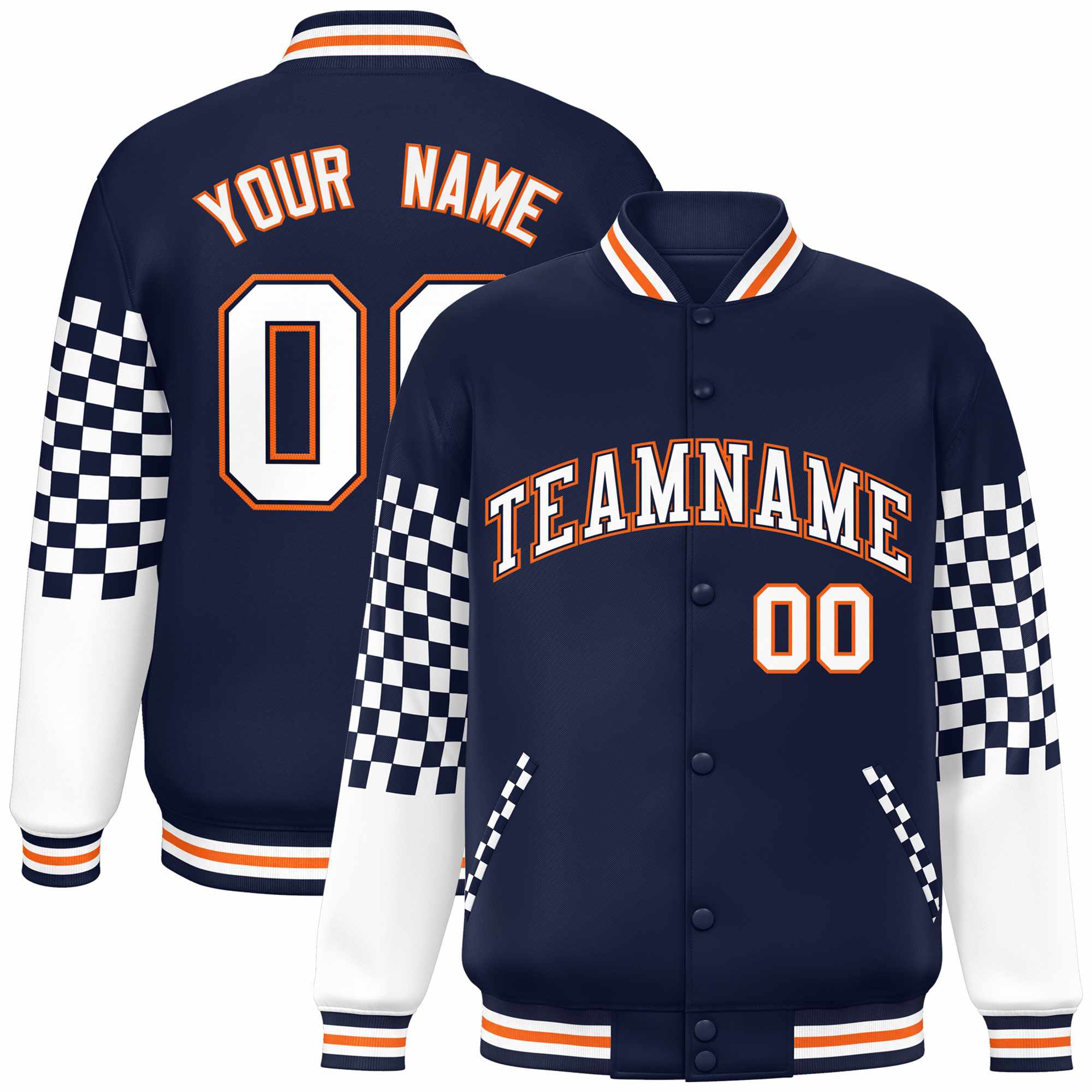 Custom Navy White-Orange Checkered Pattern Color Block Bomber Varsity Jacket