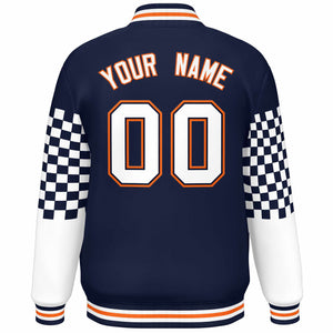 Custom Navy White-Orange Checkered Pattern Color Block Bomber Varsity Jacket