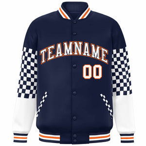 Custom Navy White-Orange Checkered Pattern Color Block Bomber Varsity Jacket