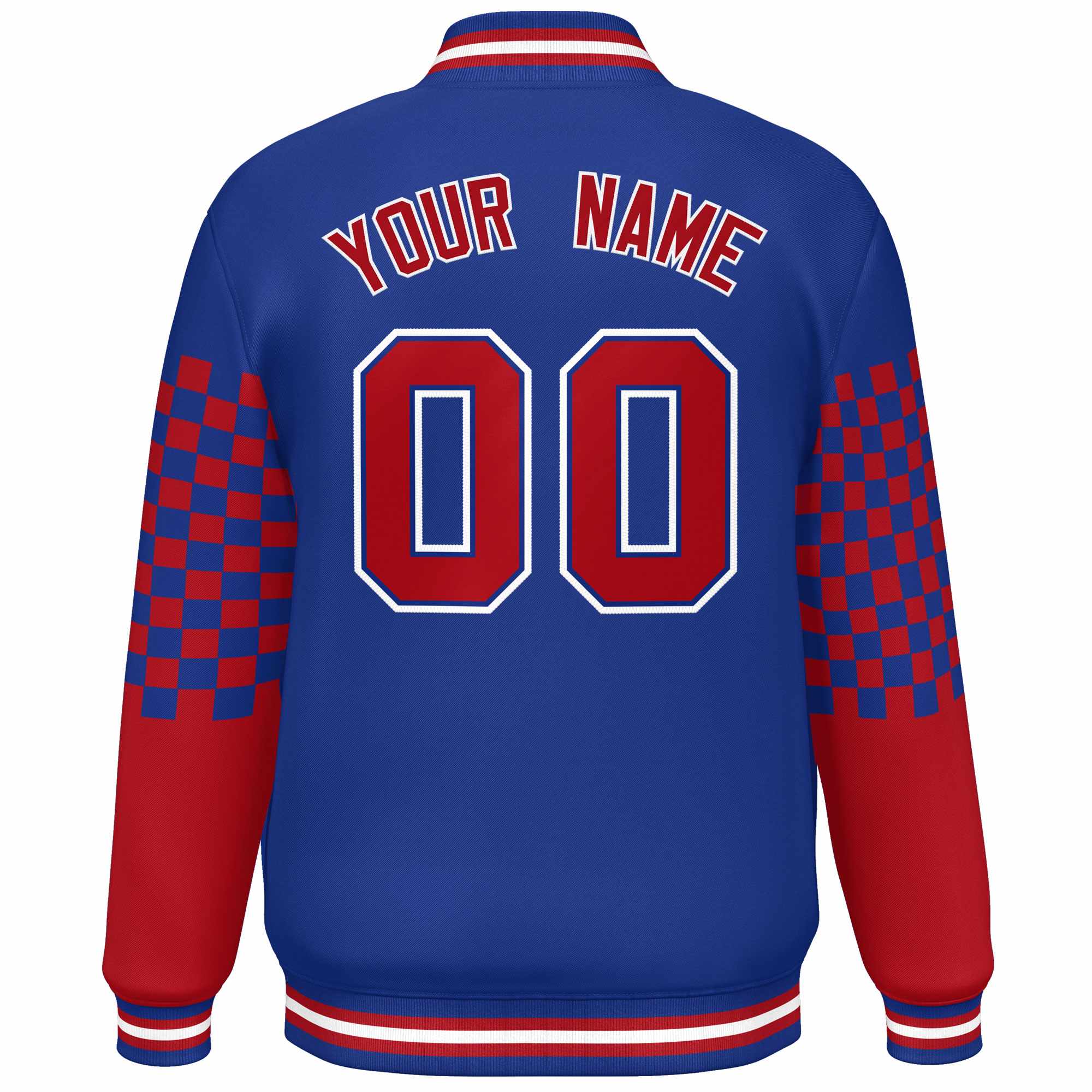 Custom Royal Red-White Checkered Pattern Color Block Bomber Varsity Jacket