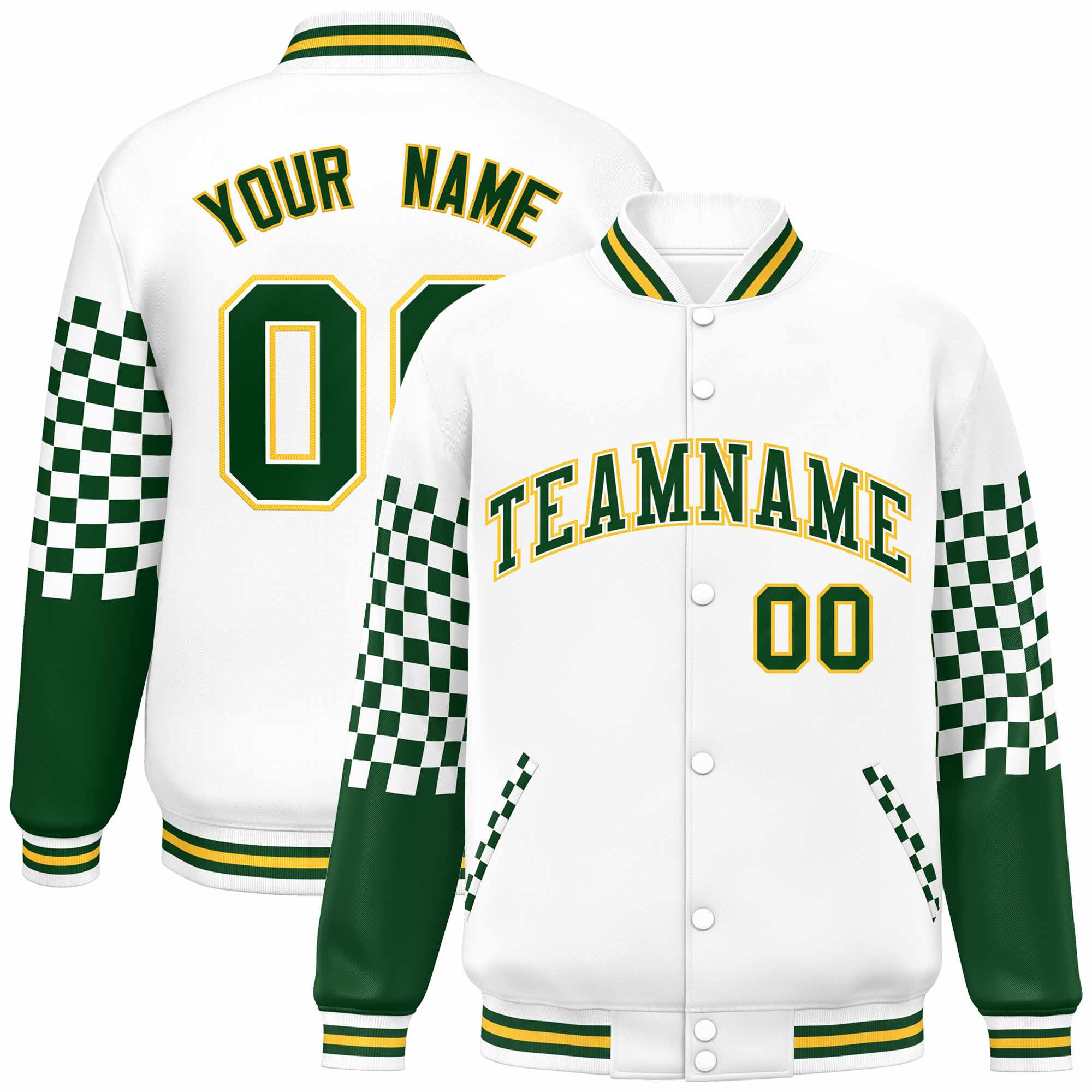 Custom White Green-Gold Checkered Pattern Color Block Bomber Varsity Jacket