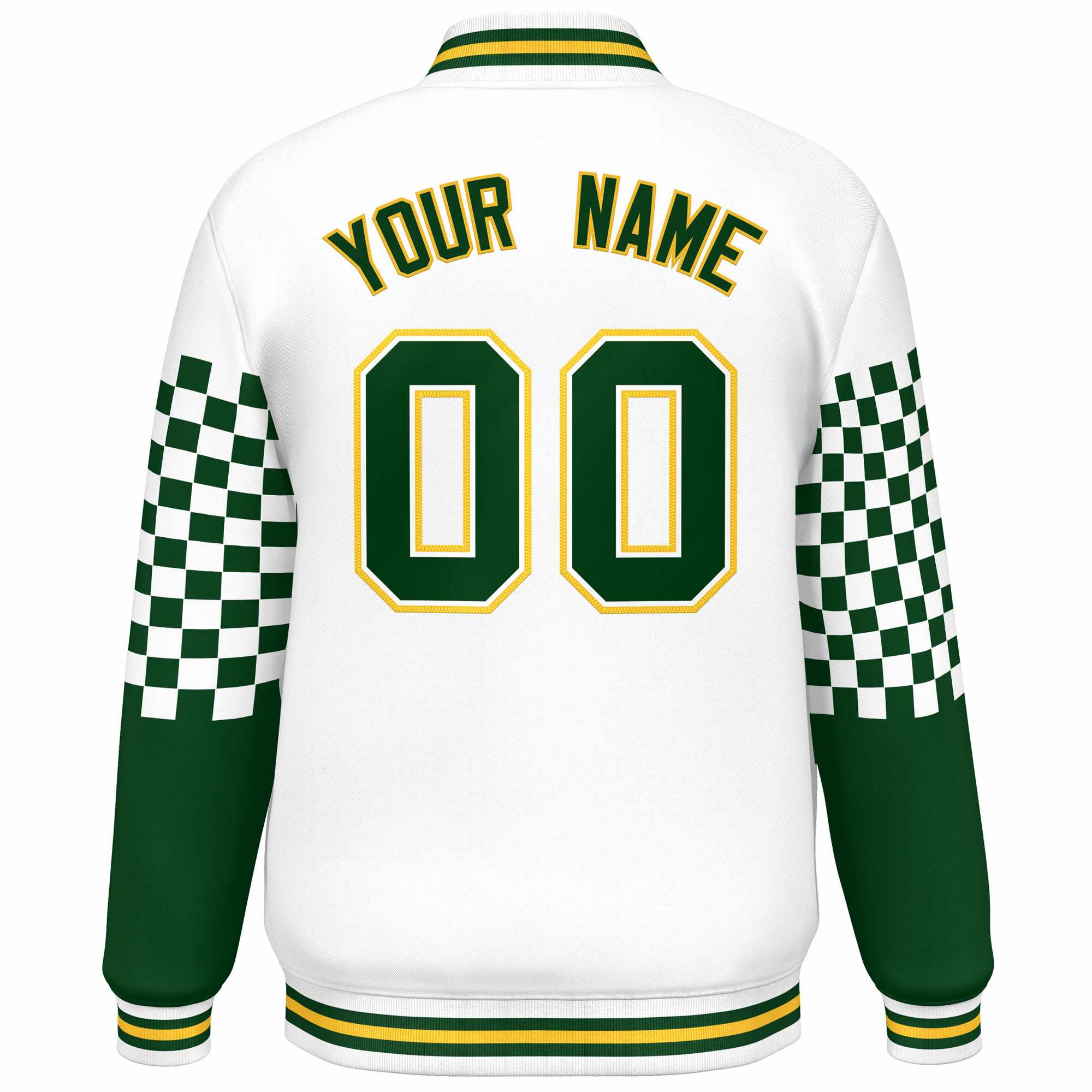 Custom White Green-Gold Checkered Pattern Color Block Bomber Varsity Jacket