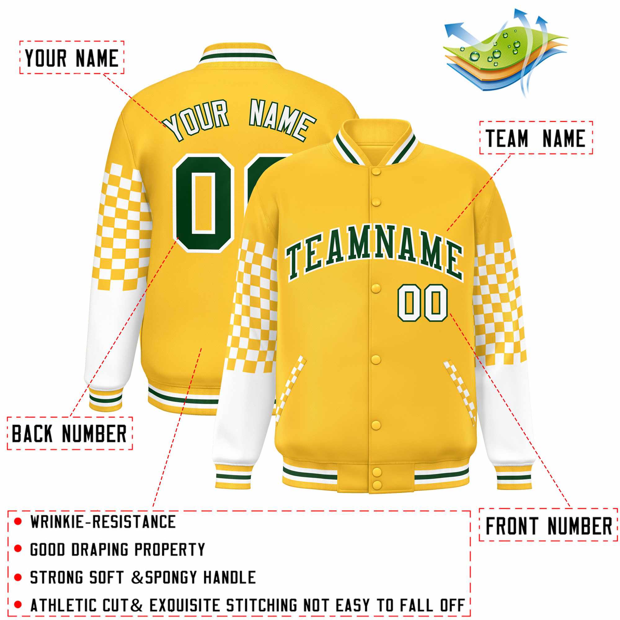 Custom Gold Green-White Checkered Pattern Color Block Bomber Varsity Jacket