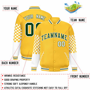 Custom Gold Green-White Checkered Pattern Color Block Bomber Varsity Jacket