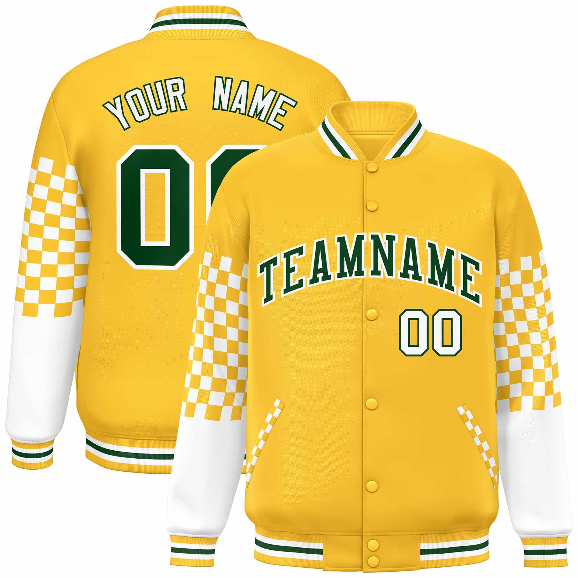 Custom Gold Green-White Checkered Pattern Color Block Bomber Varsity Jacket