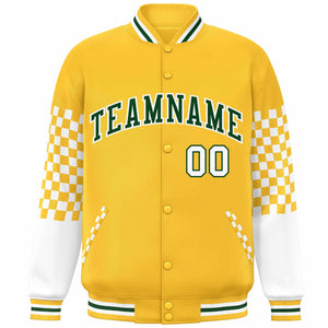 Custom Gold Green-White Checkered Pattern Color Block Bomber Varsity Jacket