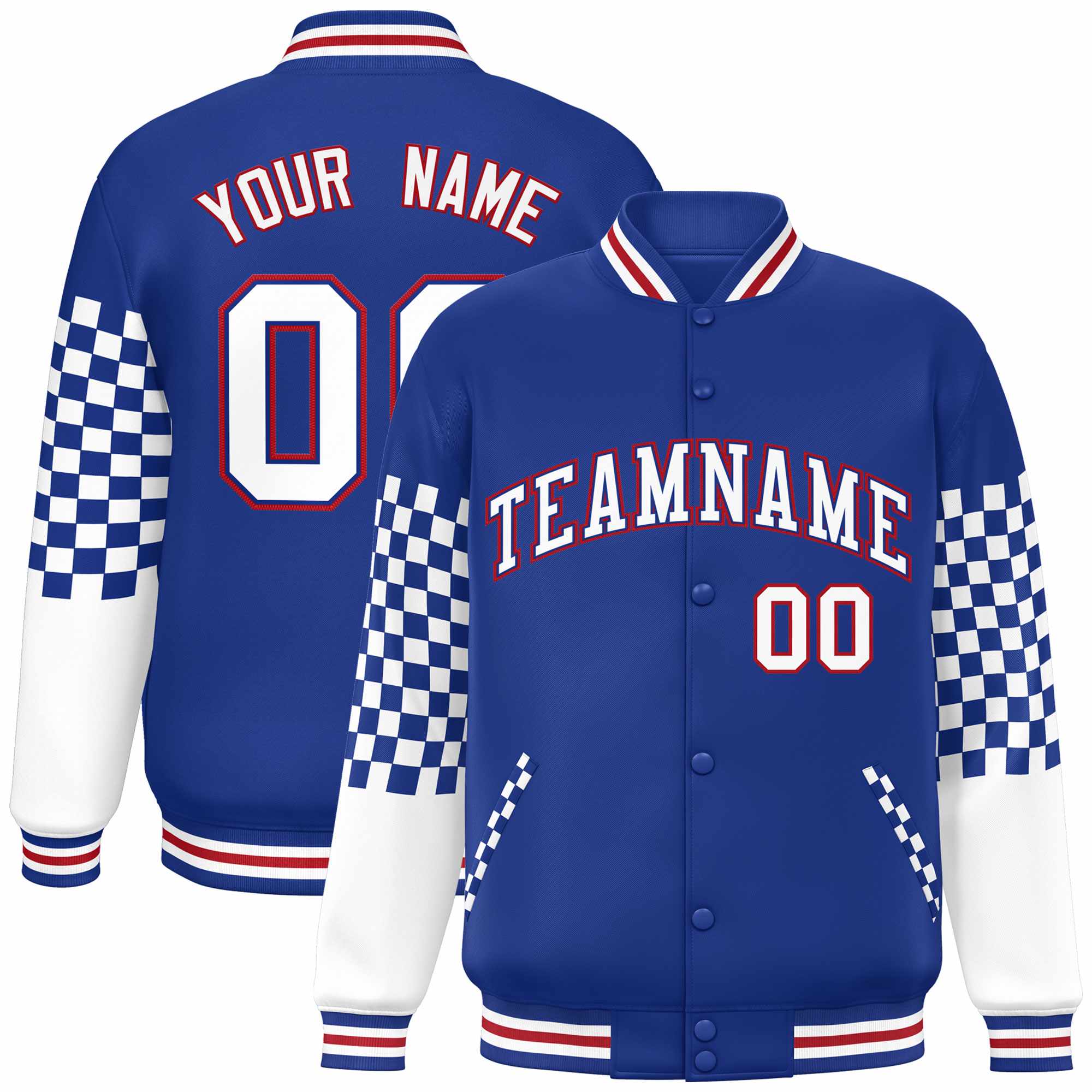 Custom Royal White-Red Checkered Pattern Color Block Bomber Varsity Jacket