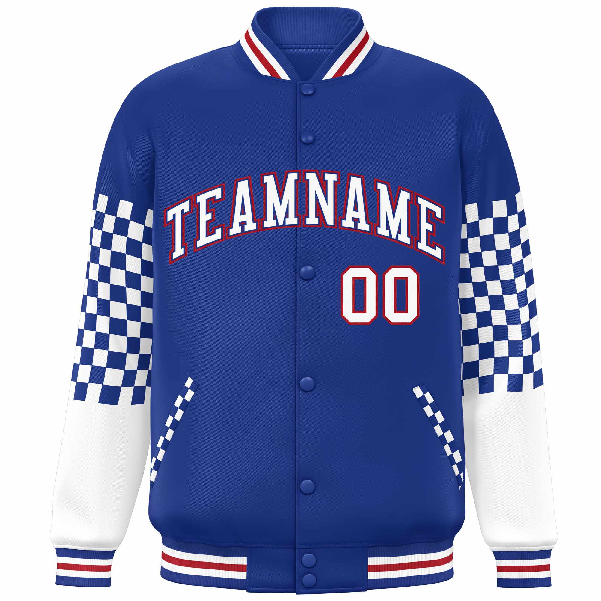 Custom Royal White-Red Checkered Pattern Color Block Bomber Varsity Jacket