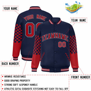 Custom Navy Red-Gray Checkered Pattern Color Block Bomber Varsity Jacket