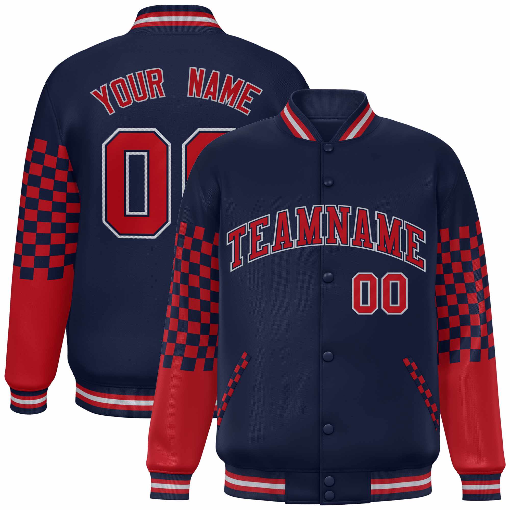 Custom Navy Red-Gray Checkered Pattern Color Block Bomber Varsity Jacket