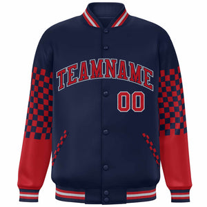 Custom Navy Red-Gray Checkered Pattern Color Block Bomber Varsity Jacket