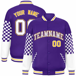 Custom Purple White-Gold Checkered Pattern Color Block Bomber Varsity Jacket