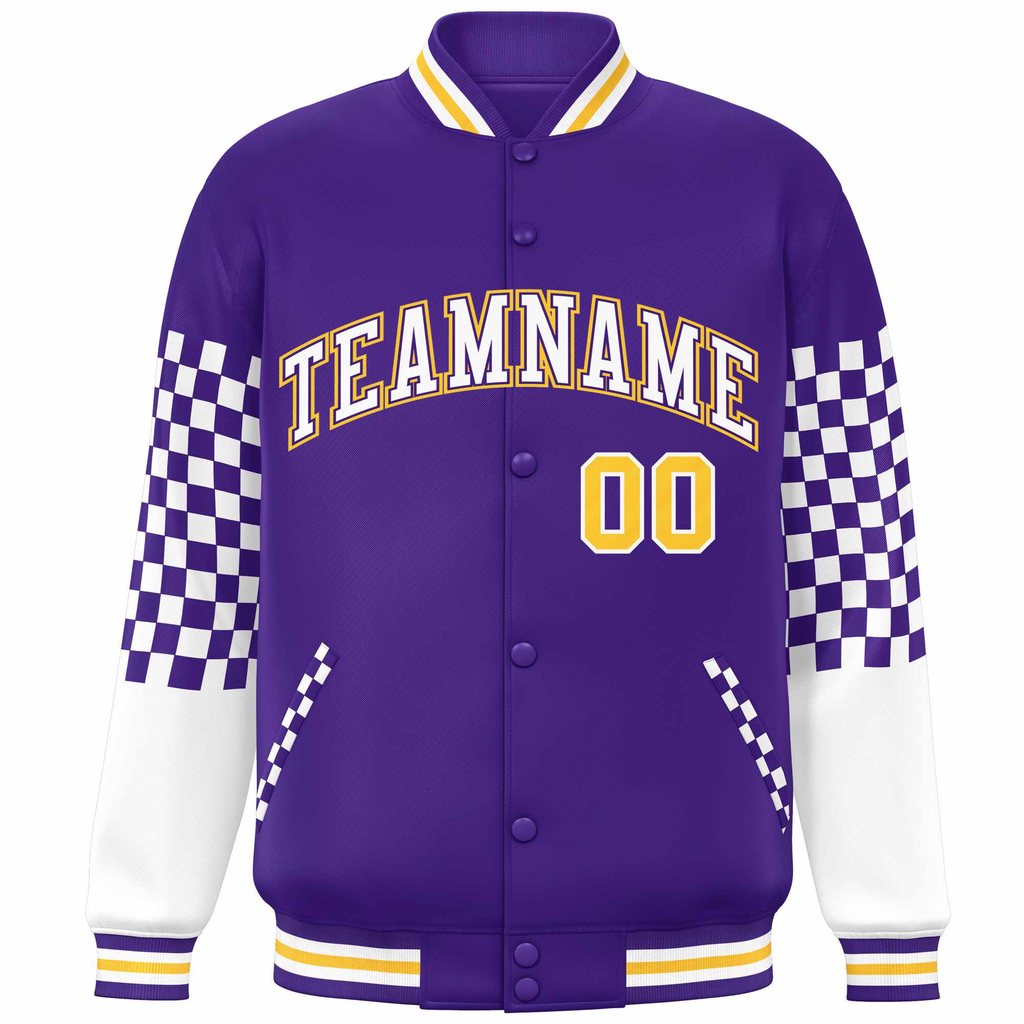 Custom Purple White-Gold Checkered Pattern Color Block Bomber Varsity Jacket