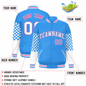 Custom Powder Blue White-Pink Checkered Pattern Color Block Bomber Varsity Jacket