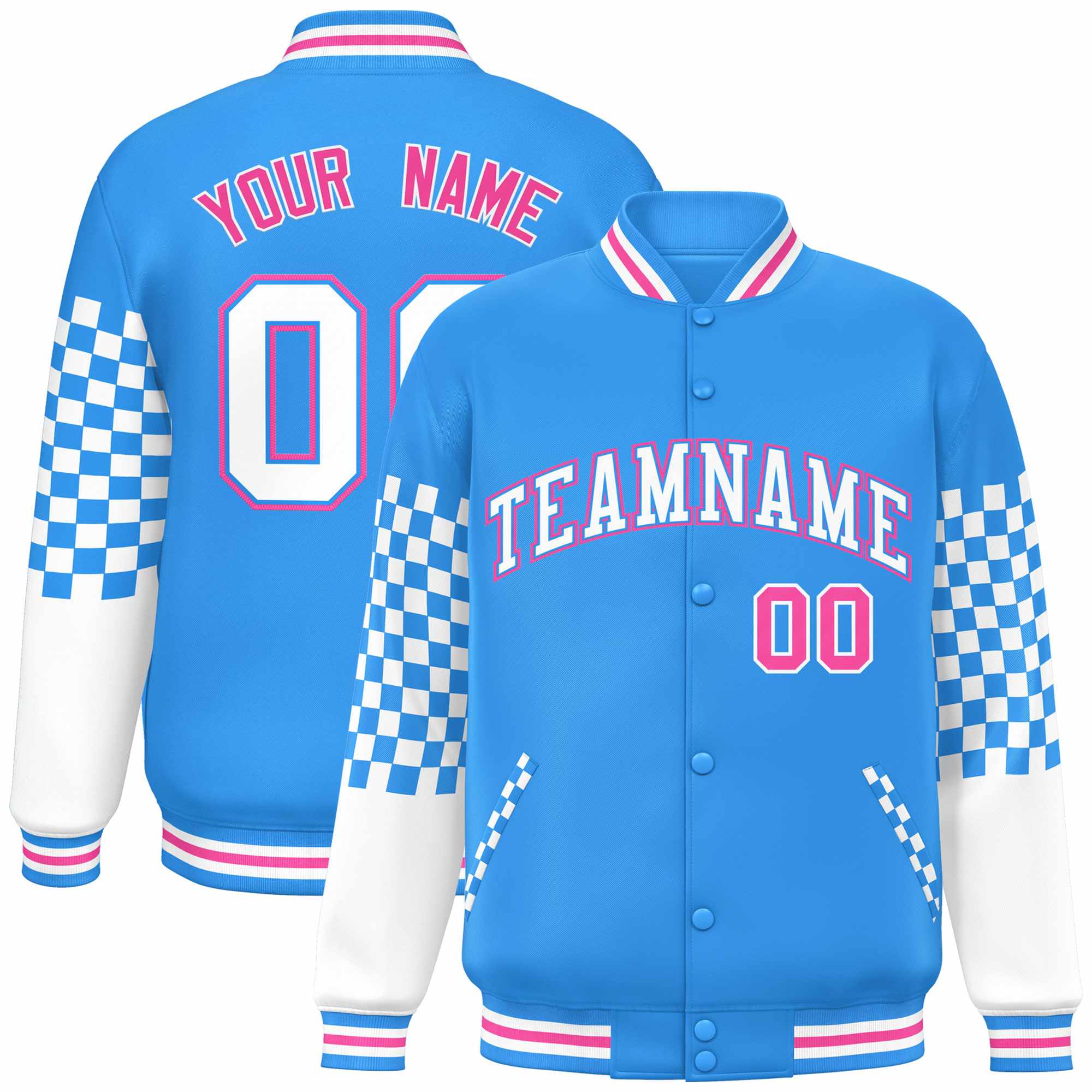 Custom Powder Blue White-Pink Checkered Pattern Color Block Bomber Varsity Jacket