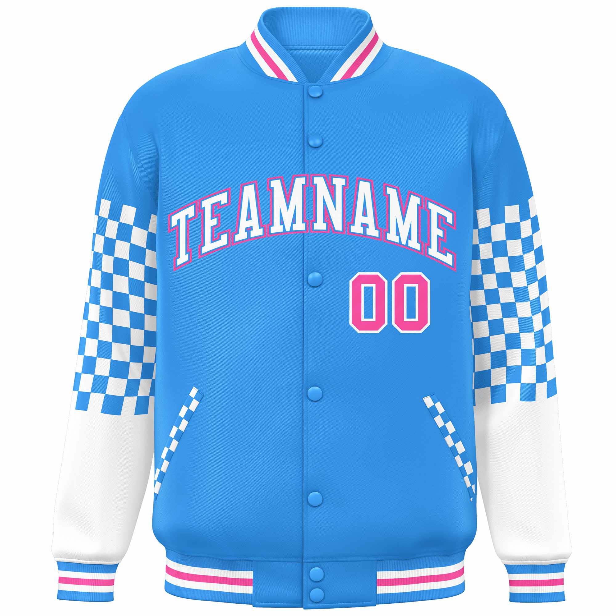 Custom Powder Blue White-Pink Checkered Pattern Color Block Bomber Varsity Jacket