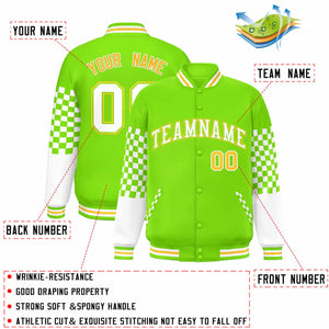 Custom Neon Green White-Gold Checkered Pattern Color Block Bomber Varsity Jacket