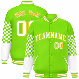 Custom Neon Green White-Gold Checkered Pattern Color Block Bomber Varsity Jacket