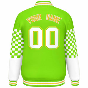 Custom Neon Green White-Gold Checkered Pattern Color Block Bomber Varsity Jacket