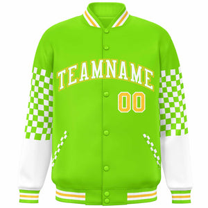 Custom Neon Green White-Gold Checkered Pattern Color Block Bomber Varsity Jacket