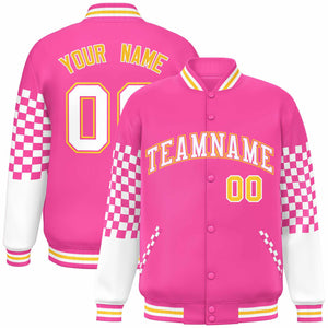 Custom Pink White-Gold Checkered Pattern Color Block Bomber Varsity Jacket