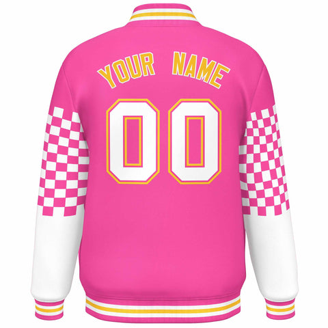 Custom Pink White-Gold Checkered Pattern Color Block Bomber Varsity Jacket