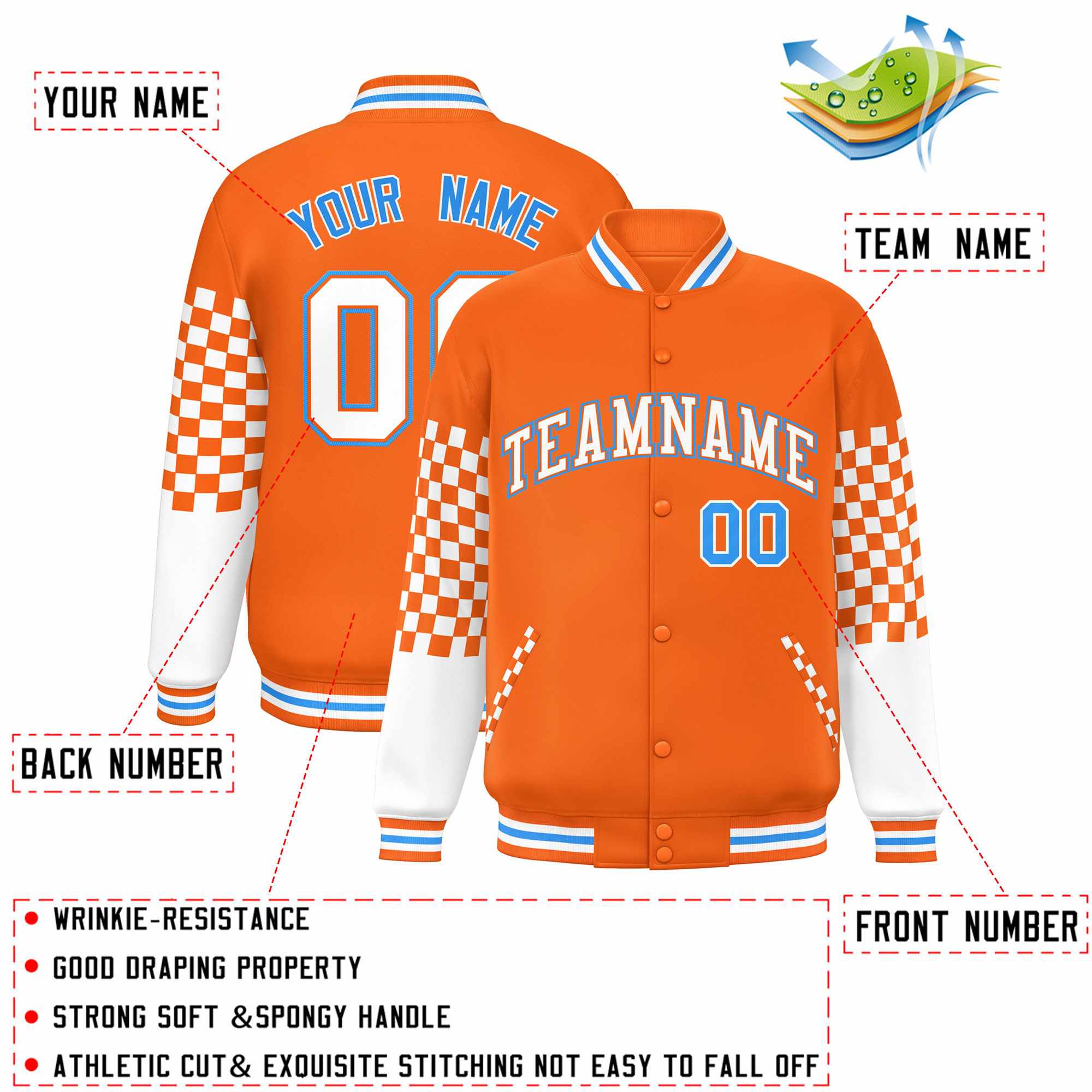 Custom Orange White-Powder Blue Checkered Pattern Color Block Bomber Varsity Jacket