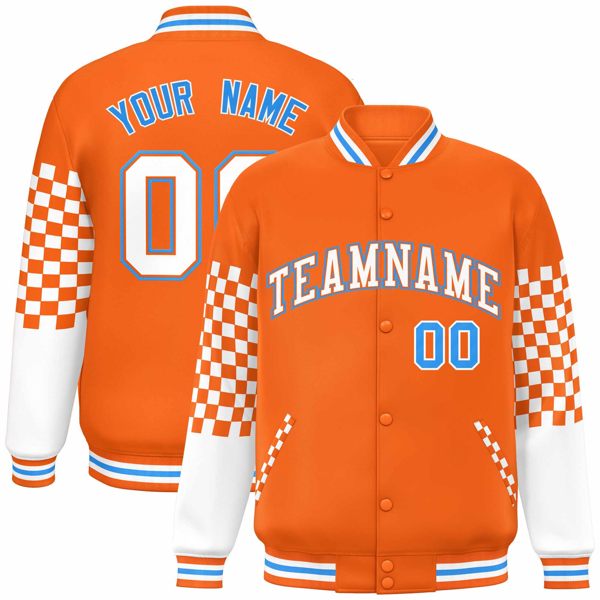 Custom Orange White-Powder Blue Checkered Pattern Color Block Bomber Varsity Jacket