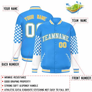 Custom Powder Blue White-Gold Checkered Pattern Color Block Bomber Varsity Jacket