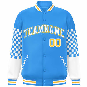 Custom Powder Blue White-Gold Checkered Pattern Color Block Bomber Varsity Jacket