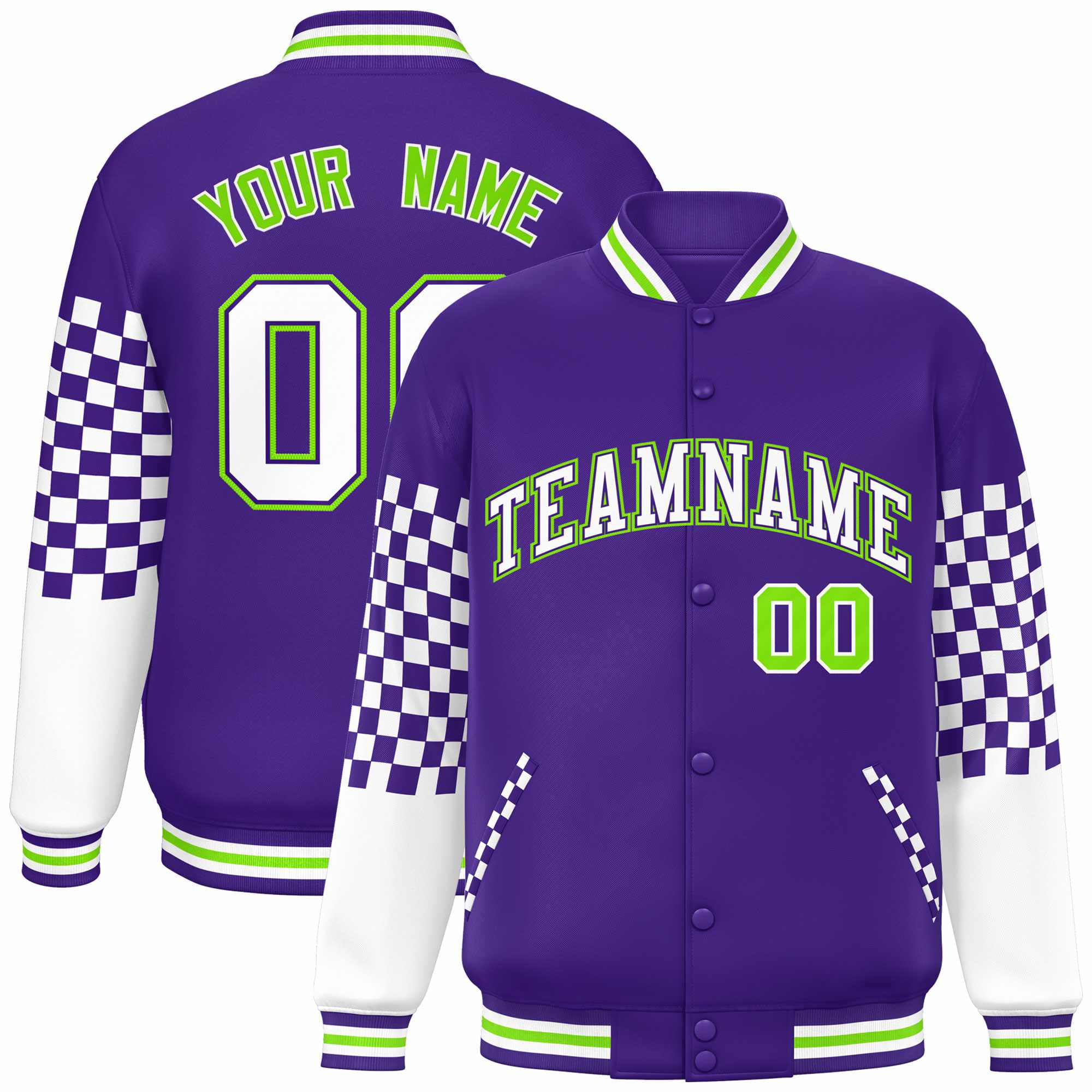 Custom Purple White-Neon Green Checkered Pattern Color Block Bomber Varsity Jacket