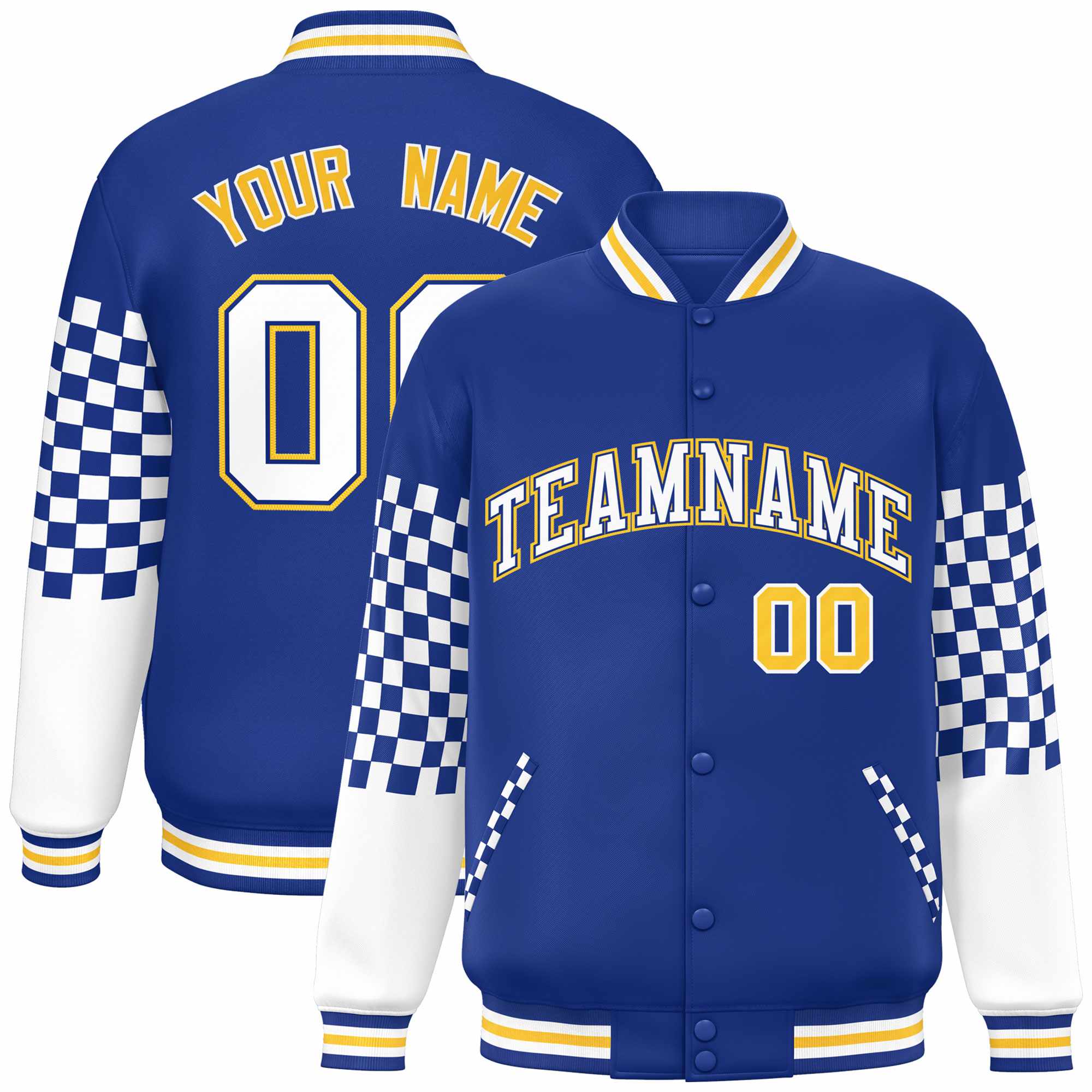 Custom Royal White-Gold Checkered Pattern Color Block Bomber Varsity Jacket