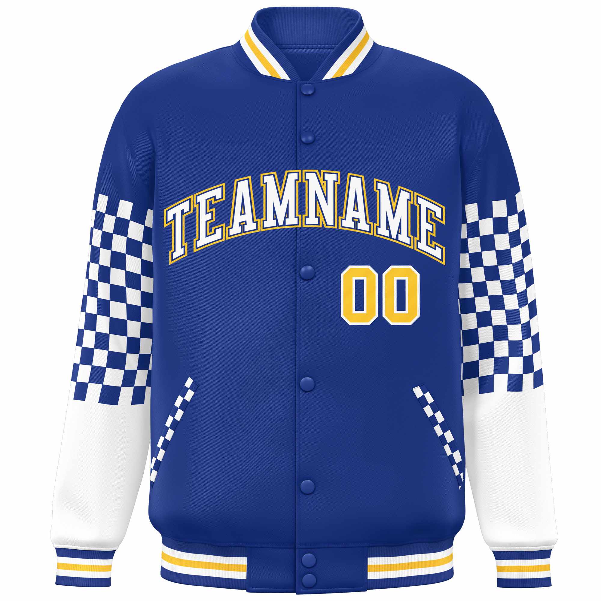 Custom Royal White-Gold Checkered Pattern Color Block Bomber Varsity Jacket