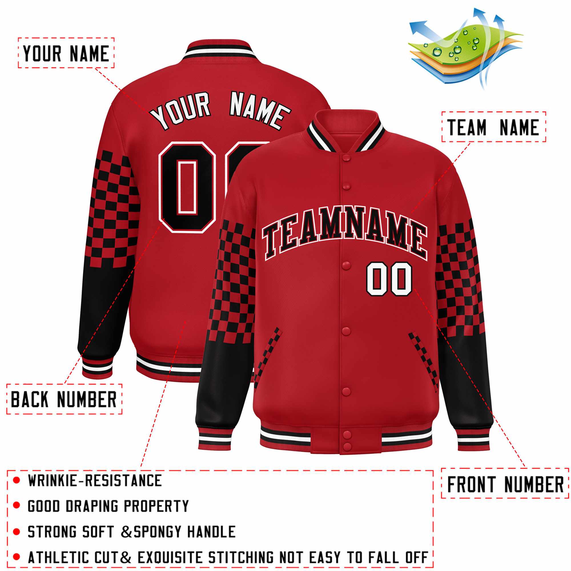 Custom Red Black-White Checkered Pattern Color Block Bomber Varsity Jacket