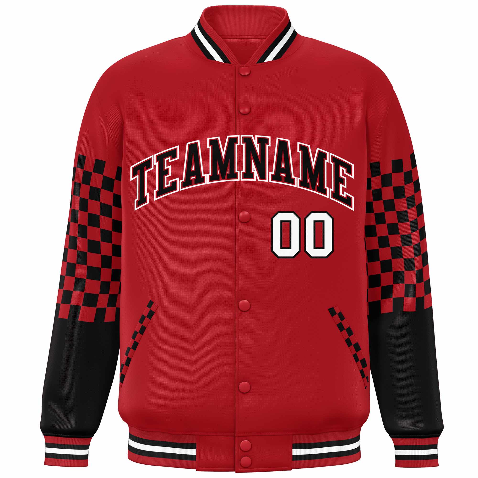 Custom Red Black-White Checkered Pattern Color Block Bomber Varsity Jacket